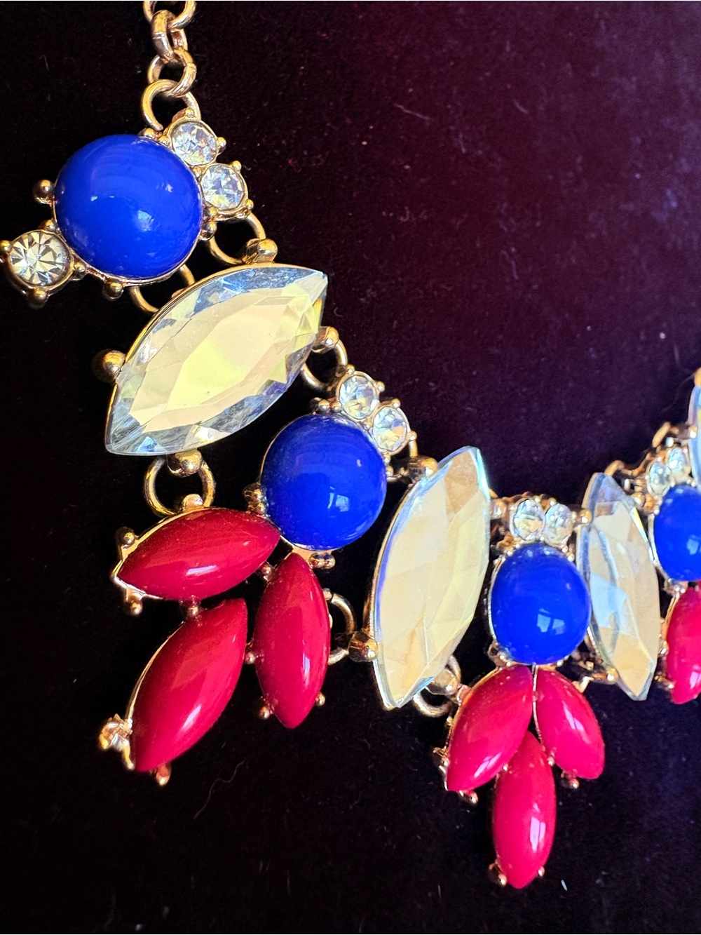 Statement Bib Necklace  Patriotic Red White Crystal & Blue Stones 20”